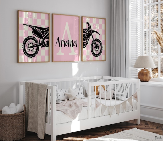 Personalized Pink Motocross Prints: Girl's Dirt Bike Bedroom Art