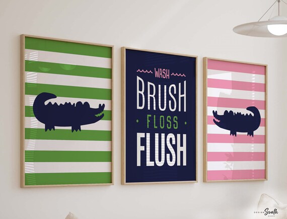 Bathroom decor, alligator bathroom decor, children's bathroom decor, boy girl bathroom, pink, navy blue, green, wash, brush, floss, flush