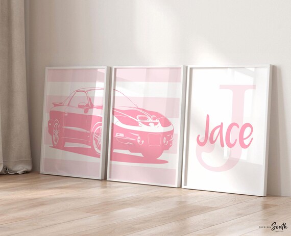 Pink Pontiac Trans Am Prints – Personalized Nursery Wall Art, Set of 3