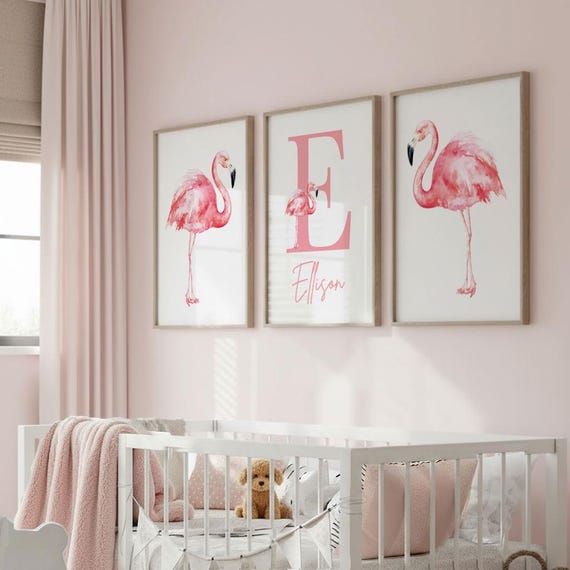 Pink Flamingo Nursery Art: Tropical Baby Girl Name Print