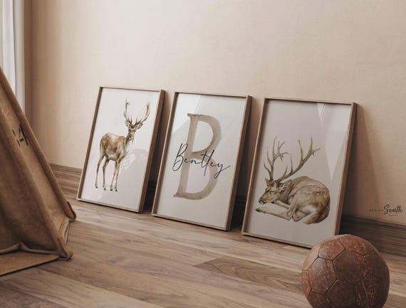 Watercolor Deer Nursery Prints: Personalized Name Initial, Earthy Forest Decor