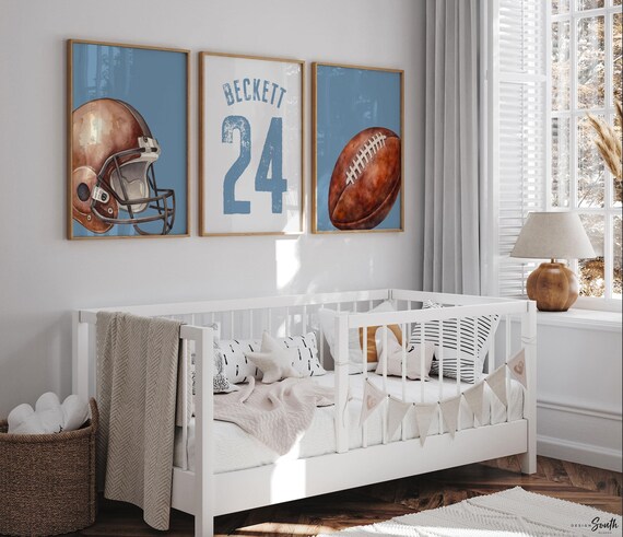 Blue Sports Bedroom or Nursery Decor: Personalized Football Name & Number Print Set