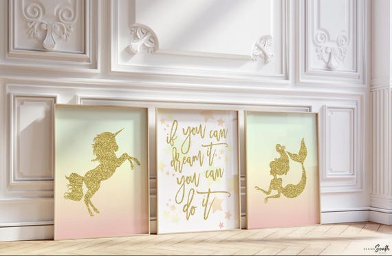 Unicorn room decor, gold sparkle unicorn wall art, if you can dream it inspirational quote for girls, pink mint and gold sparkle nursery art