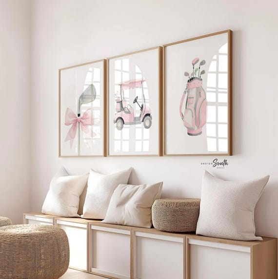 Baby Girl Golf Nursery Art Set, Pink Gray Toddler Bedroom Prints