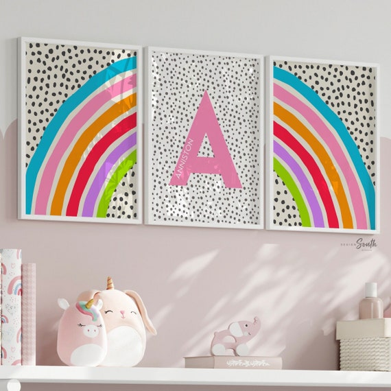 Bright cheerful rainbow decor, bedroom decor rainbow theme, pink orange purple wall art for girl, bright playroom decor personalized name