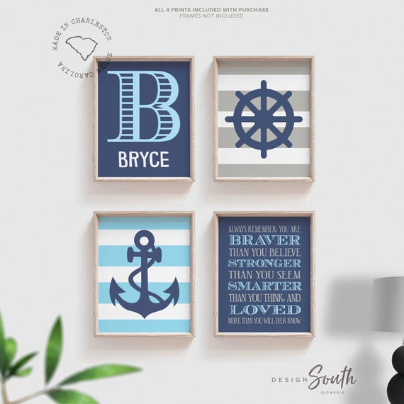 Boy nautical wall art, coastal nursery, anchor shipwheel, baby boy nursery decor blue and gray nautical, baby blue nautical, boy's bedroom