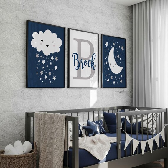Celestial Nursery Art Prints: Navy Blue, Gray Stars, Personalized Baby Boy Gift