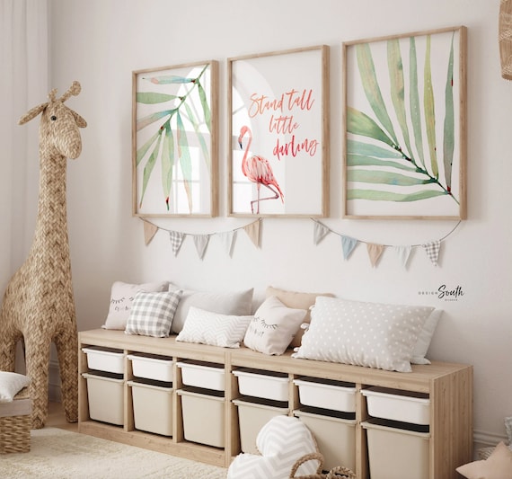 Stand tall little darling, tropical palm flamingo nursery, above crib tropical theme, flamingo art, newborn flamingo nursery pink and green