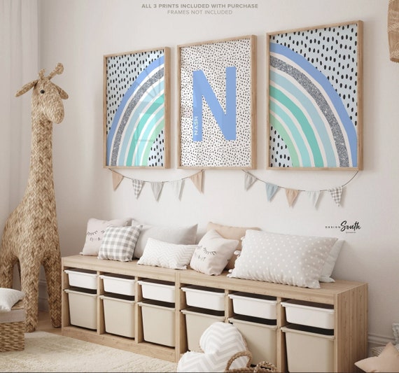 Boys blue and gray nursery, boy monogram decor, wall art for boys room, rainbow nursery art for boys, baby boy nursery decor baby blue gray