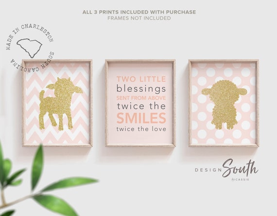 Sheep twin girl nursery decor, twin sister art, pink gold twin nursery wall decor, quote for twins, sheep twin nursery, gift for twin girls