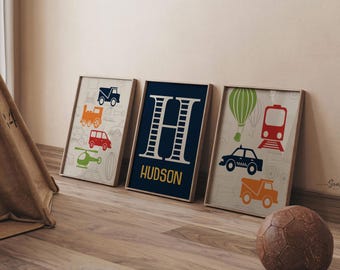 Transportation Nursery Art: Custom Name Print, Navy, Red, Green