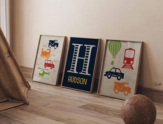 Boys transportation art, nursery wall decor, navy red green orange, custom name print, truck train helicopter plane, toddler room prints