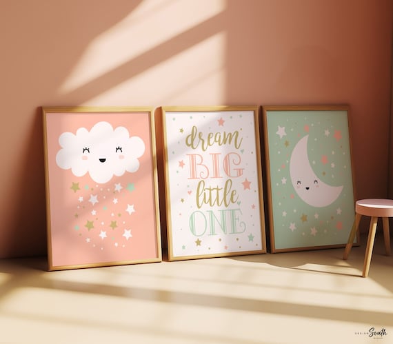 Mint peach and gold nursery, baby girl mint, baby girl peach, gold and peach, moon and stars, nursery star, baby star art, baby star decor