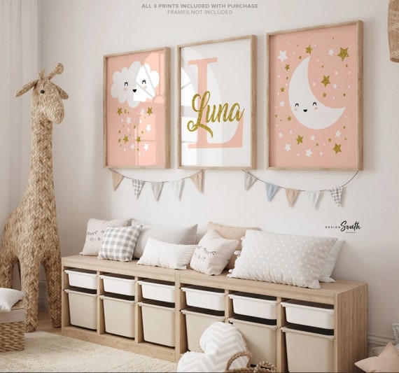 Peach gold nursery wall art, moon star cloud girl celestial theme, nursery wall art peach gold, modern girl nursery art, personalized gift