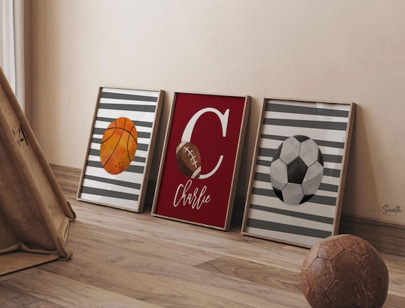 Dark red and gray sports themed room personalized boys name, sports print set of 3 collection, sports wall art theme, basketball soccer ball