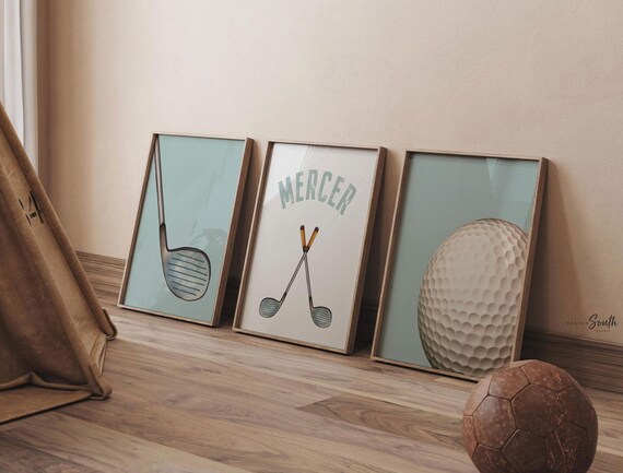 Personalized Golf Wall Art Set: Boys Nursery or Bedroom Decor, Golf Ball & Clubs Prints, Custom Name Sports Artwork – Set of 3