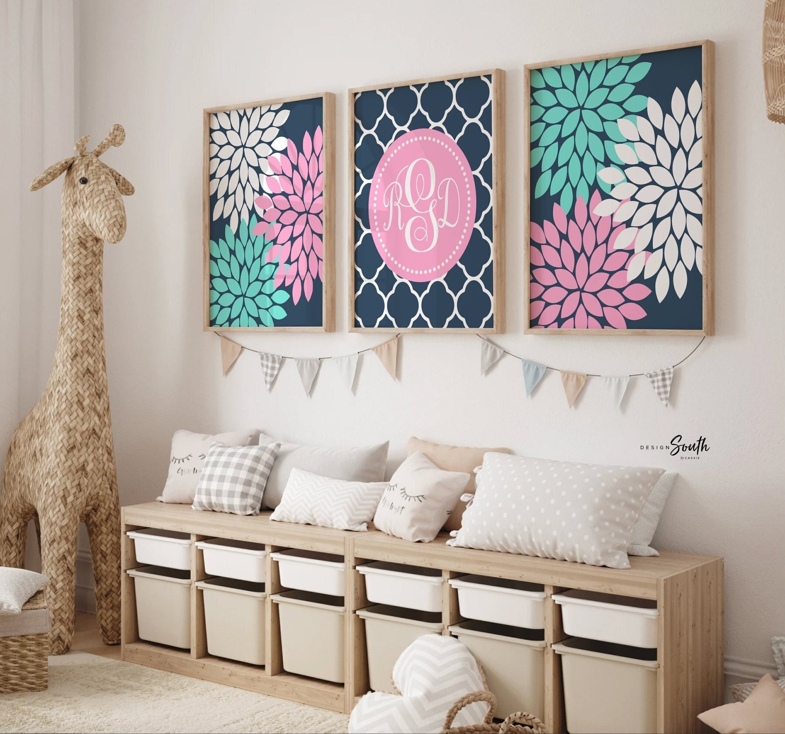 Teen Girl Room Decor Set of 3 Canvas or Prints Turquoise and Grey