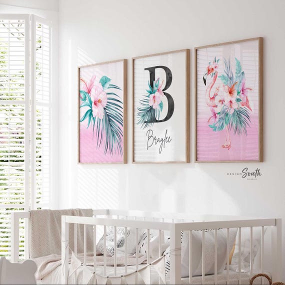 Tropical nursery, teal flamingo nursery cactus tropical flowers, teal tropical leaves nursery, flamingo cactus, personalized baby girl gift