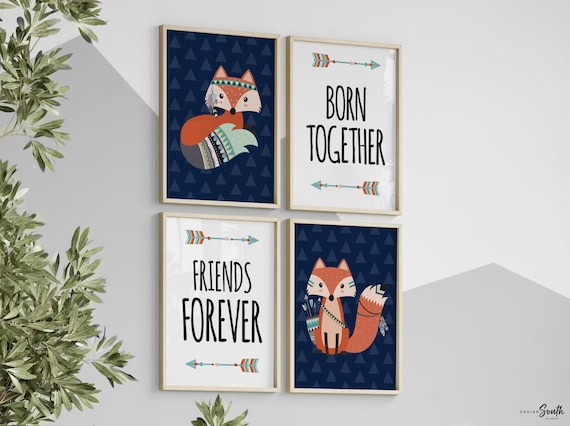 Twin nursery art, twin nursery decor, boy girl twins woodland, twin decor, twin art, nursery wall art for twins, twin foxes, born together