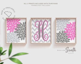 Pink Dahlia Monogram Girl's Room Art Prints (Set of 3)
