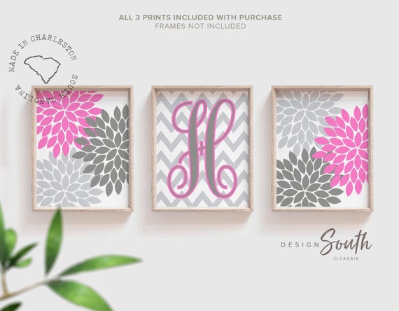 Pink girls monogram wall art, girl room art, girls bedroom art, kids name art, baby name print, hot pink girls bedroom art, girl room decor