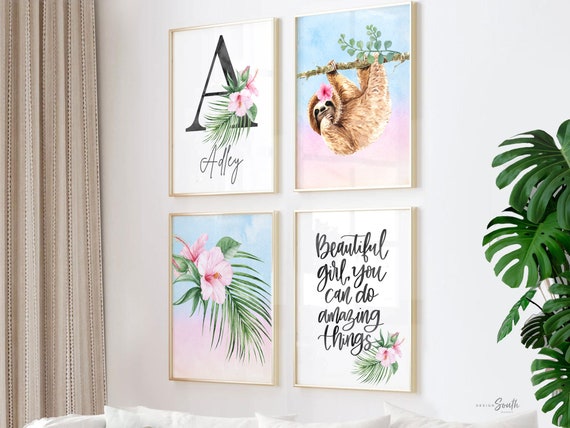 Sloth nursery girl, decor for girl's bedroom, animal lover kid gift, inspirational quote for girls wall art print, tropical sloth theme room