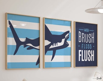 Shark Bathroom Art Prints: Navy Blue Kids Decor (Unframed)