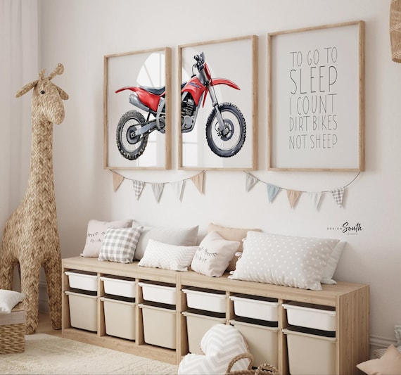 Red Dirt Bike Watercolor Prints: Boys Room Decor, Motocross Art - Set of 3
