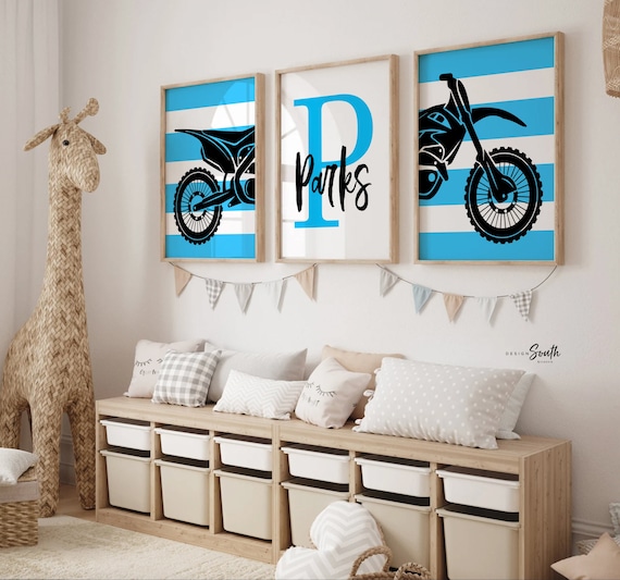 Motocross home decor children, dirt bike toddler art prints, motocross themed room ideas, personalized kid's name, blue black sport bike art