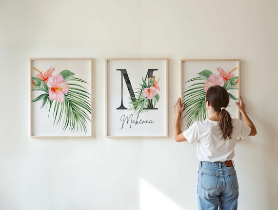 Tropical Palm Leaf Girl Nursery Wall Art, Coral Floral Monogram Print, Personalized Name Initial Decor, Baby Girl Room Art