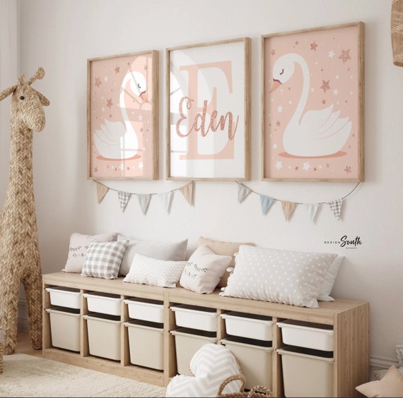 Rose gold name, swan nursery name, baby shower gift, baby girl wall art, blush and rose gold, initial print, custom name, rose gold nursery
