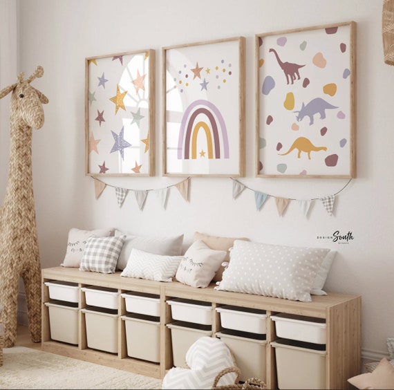 Whimsical girl room art, wall prints for girls, terrazzo stars rainbows dinosaurs, little girl room art, toddler girl dinosaur playful art