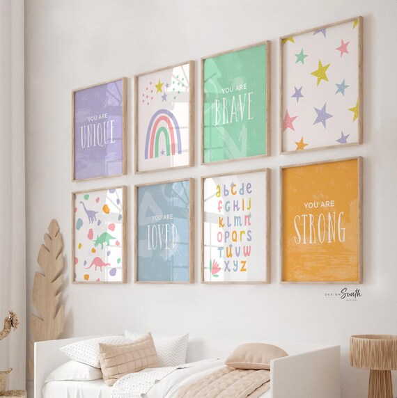 Pastel colorful art decor for kids playroom, colorful inspirational art print set for children, toddler wall decor ideas, affirmation prints