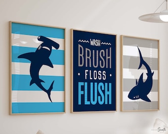 Shark Bathroom Art Prints: Navy Blue Kids Decor