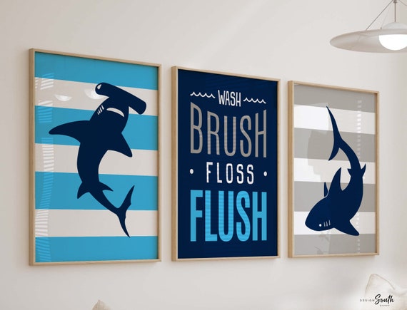 Shark theme bathroom, big boy bathroom art, blue sharks, gift for boy shark, kids bathroom navy blue, shark bite wash brush floss flush sign
