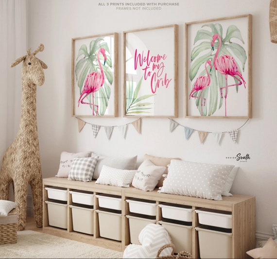 Flamingo Nursery Decor Art Prints: Tropical Baby Room Wall Art Set