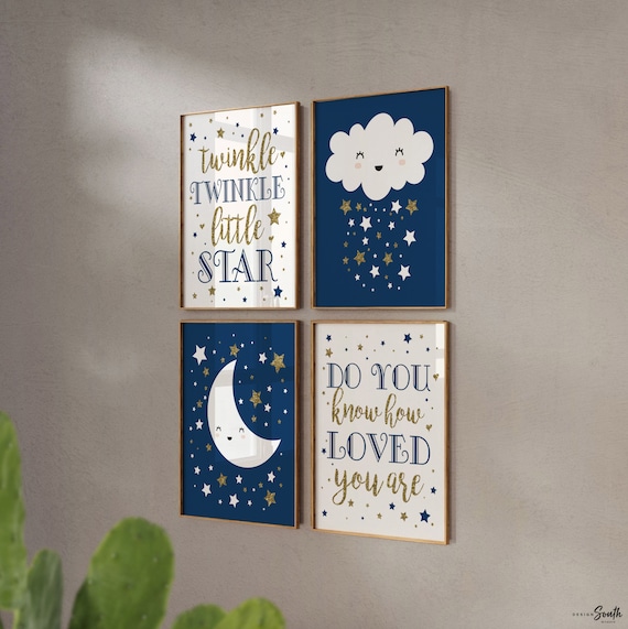 Moon stars nursery, celestial nursery boy, navy blue gold, moon stars & clouds, baby boy art, star moon baby decor, celestial art wall decor