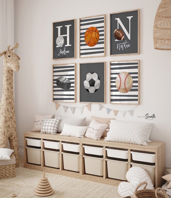 Brother bedroom wall art, sports boys room brothers, vintage sports, bedroom sports themed kids room ideas for brothers, little boys sports