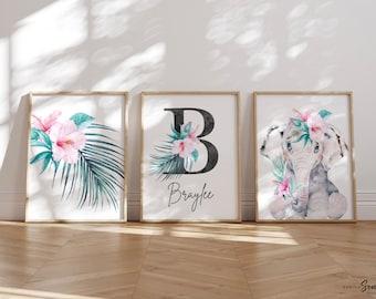 Baby girl pink elephant nursery art prints, floral tropical personalized gift girl, monogram gift baby girl, teal and pink tropical room art