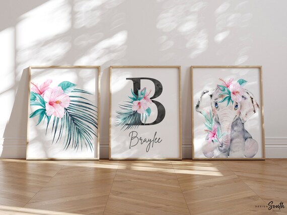Baby girl pink elephant nursery art prints, floral tropical personalized gift girl, monogram gift baby girl, teal and pink tropical room art