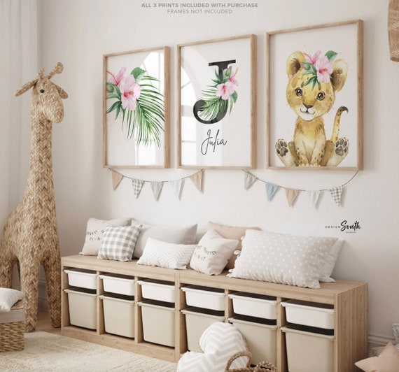 Baby shower gift for girl, tropical animal wall art nursery, girls name personalized art print, baby lion cub safari tropical leaves flowers