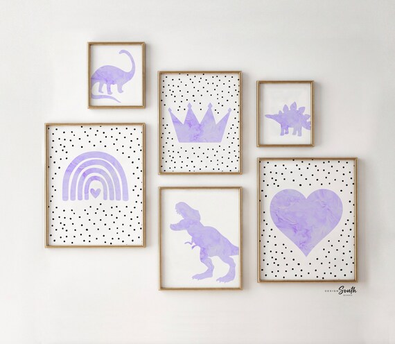 Girl Dinosaur Nursery Prints: Purple Rainbow Wall Art (Set of 6)