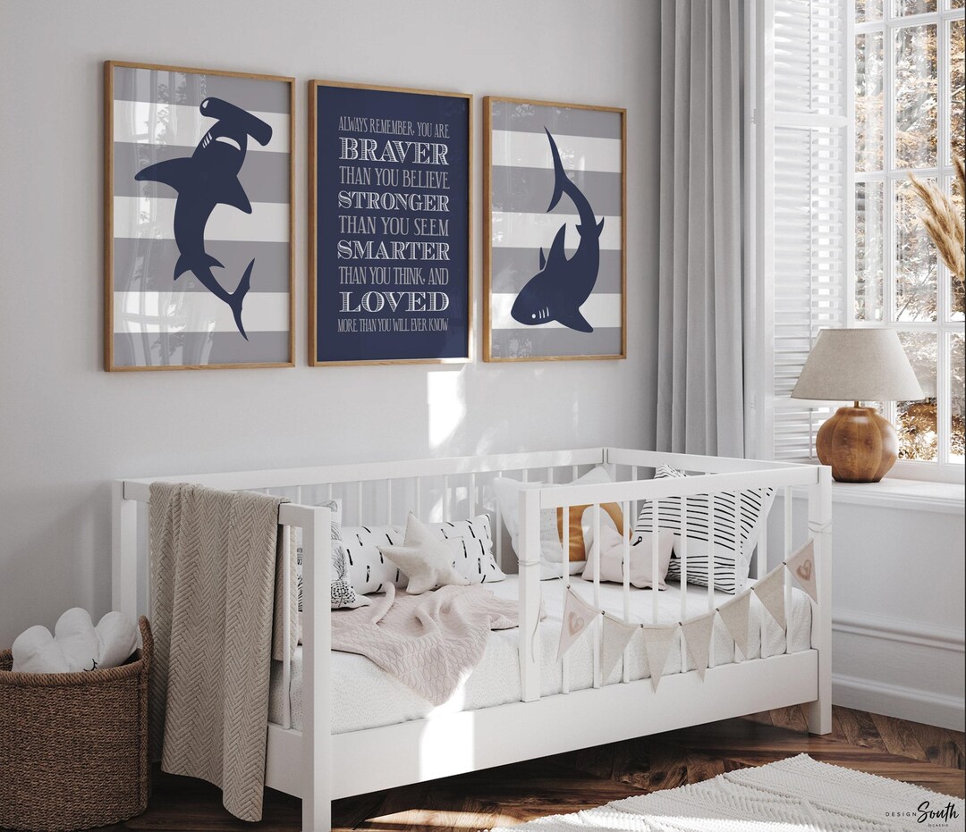 Boys Navy Blue and Gray Shark Room Decor, Boys Wall Art, Big Boy ...