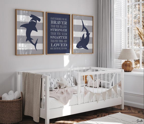 Boys navy blue and gray shark room decor, boys wall art, big boy bedroom, boys shark bedroom, quote for boy, shark nursery, shark decor kids