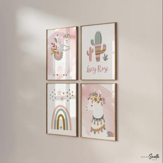 Boho nursery decor, boho nursery wall art idea, print set llama mauve pink succulents, llama themed baby room, wall decor girl bedroom llama