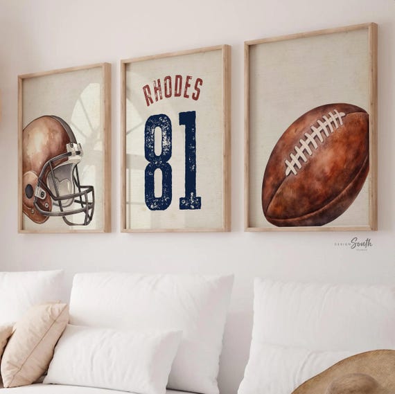 Vintage Watercolor Football Nursery Prints – Custom Name Helmet Ball (Set of 3)