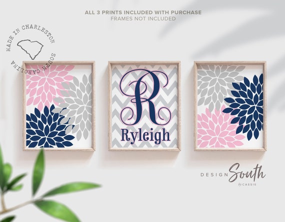 Girl nursery pink and navy, bedroom art for girls, pink navy wall decor, personalized monogram art, baby girl wall art, kids room wall decor