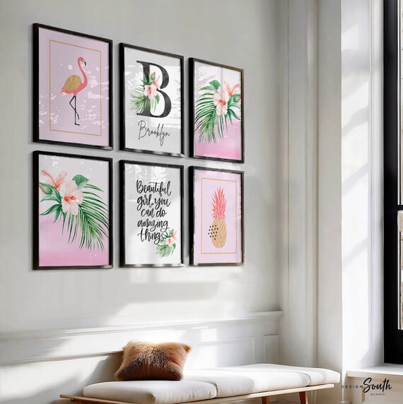 Pink and coral tropical nursery, baby girl tropical flowers nursery, coral and pink baby name and quote, little girl tropical playroom idea
