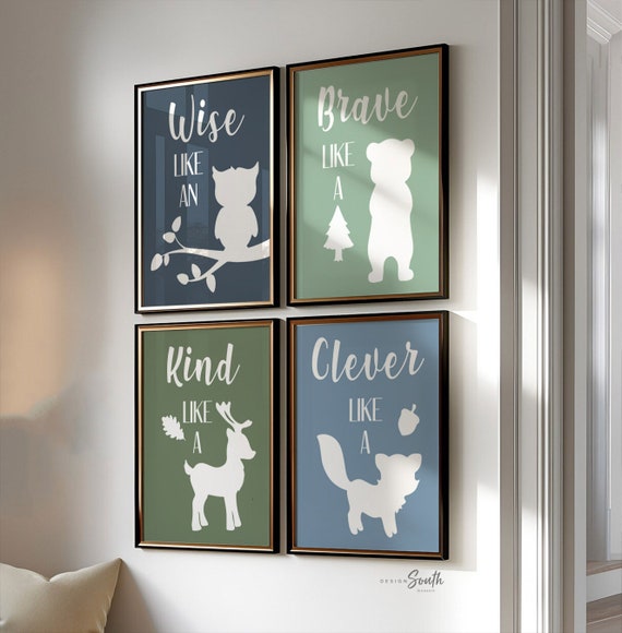 Woodland animal art prints set of four, little boy quotes, nursery decor, adventure woodsy theme, wise owl brave bear clever fox kind deer