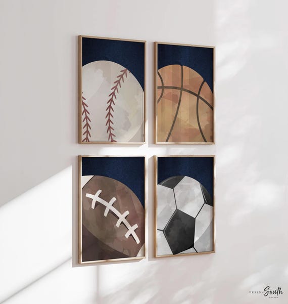 Boys sports wall art set, baseball basketball football soccer prints, navy blue leather texture, rustic vintage decor, set of 4 prints